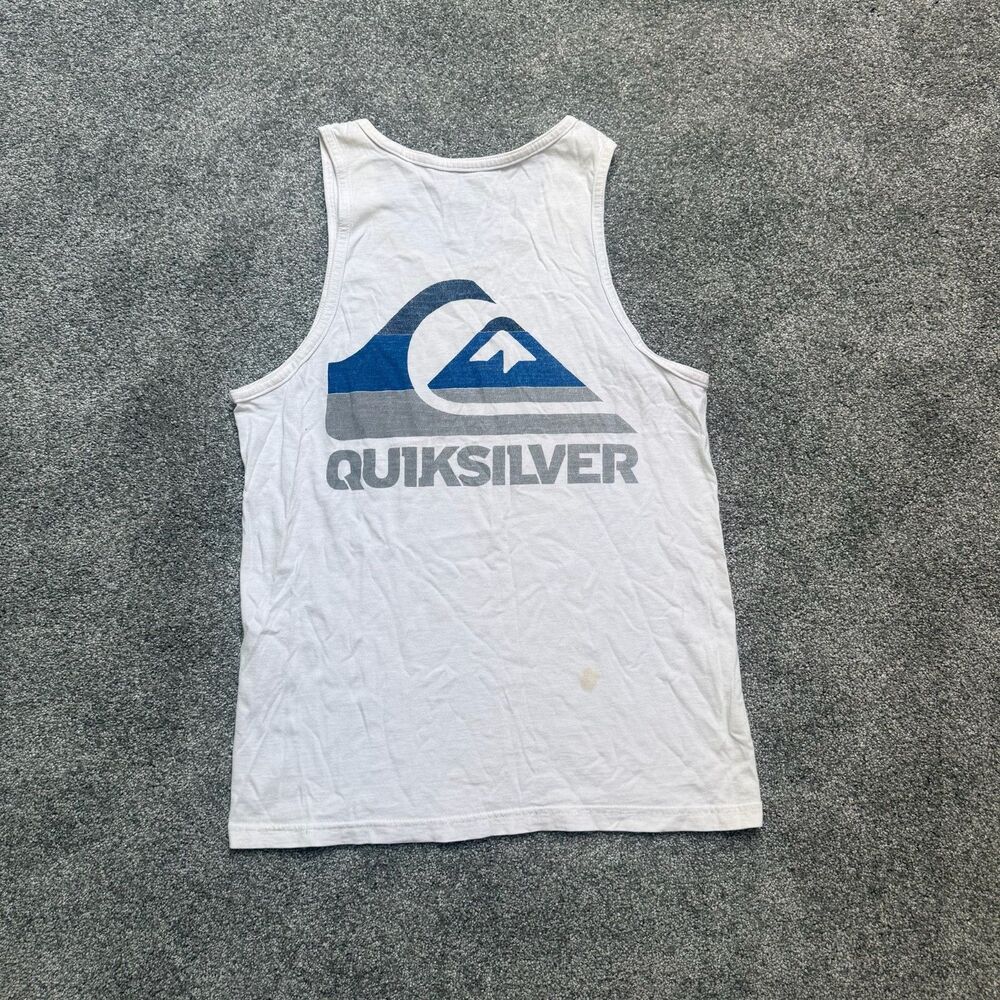 Y2K Quiksilver Tank Top Mens Small Shirt White Blue Spellout Logo Surfer